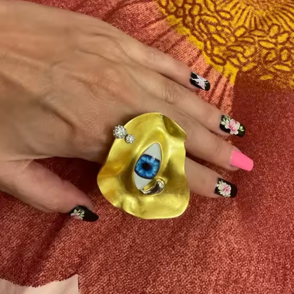 Surrealist Gold Eye Statement Artistic Blue Iris Design, Avant-Garde Ring - Picture 2 of 10